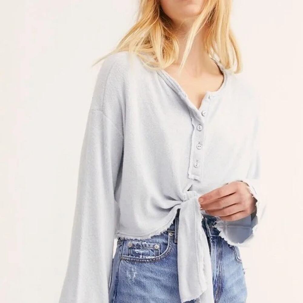 Free People Women's Size S Brushed Ice Blue Fleece Crop Boho Henley Long Sleeve
